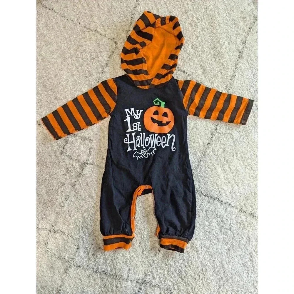 Halloween Pumpkin Romper Size 3-6M Outfit "My 1st‎ Halloween" Hoodie One-Piece